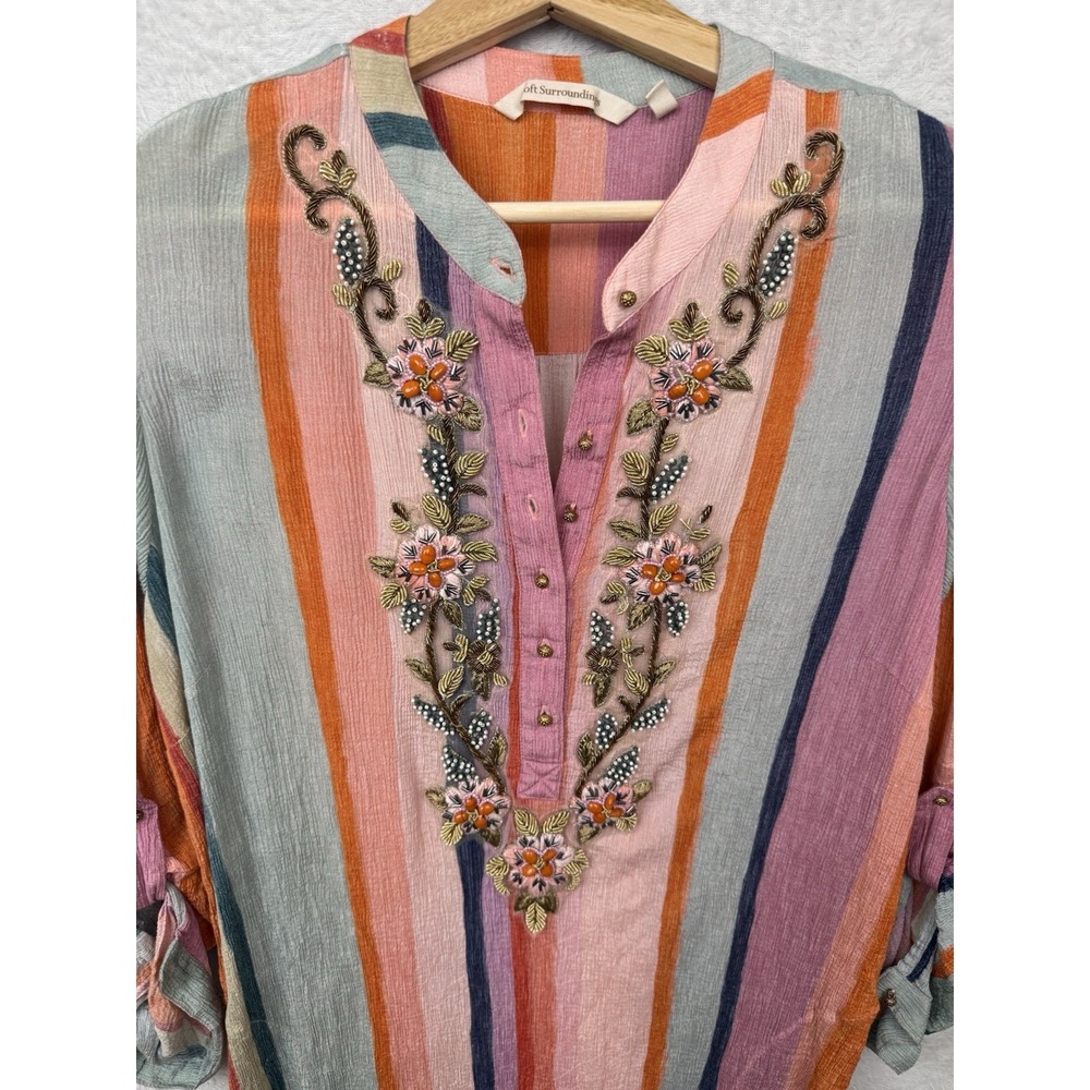 Soft Surroundings Aruba Caftan Beaded Embroidered Maxi Dress Colorfull Rainbow L - Picture 3 of 10